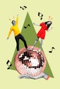 Composite sketch image 3D photo collage of young lady man date couple dance on huge disco ball music play hand hold