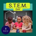 Composite of stem day and 8 nov text over diverse girls looking at boy using microscope in school Royalty Free Stock Photo