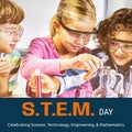 Composite of stem day text with caucasian students doing scientific experiment in school Royalty Free Stock Photo