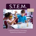 Composite of stem day text and diverse students doing scientific experiment in school Royalty Free Stock Photo