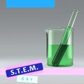 Composite of stem day text over green chemical in test tube and flask on white background Royalty Free Stock Photo