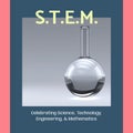 Composite of stem text with laboratory flask on grey background, copy space