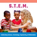 Composite of stem text with multiracial children sitting with microscope and flasks with liquids Royalty Free Stock Photo
