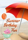 Composite of summer birthday fun text with cupcake, balloon, umbrella over sea, copy space