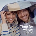 Composite of time for winter magic text over happy caucasian couple under blanket