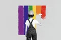 Composite trend artwork image photo collage of black white image woman painter staff back draw rainbow on wall hold in