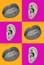 Composite trend artwork sketch 3D photo collage of black white silhouette pop art bodyless huge mouth ear pin up