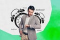 Composite trend artwork sketch 3D photo collage of young business success man wear clock on hand wrist watch time