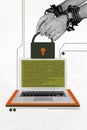 Composite trend artwork sketch image collage of hand fist gesture chain control jail laptop display coder security Royalty Free Stock Photo