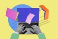 Composite trend artwork sketch image 3D collage of huge laptop blue screen device hand hacker specialist hold on