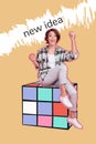 Composite trend artwork sketch image photo collage of silhouette young clever excited lady sit on huge Rubik cube create Royalty Free Stock Photo