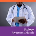 Composite of urology awareness month over happy african american male doctor