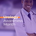 Composite of urology awareness month over happy african american male doctor