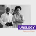 Composite of urology awareness month over happy african american male and female doctor