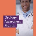 Composite of urology awareness month over happy caucasian male doctor