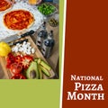 Composite of vegetable, cheese, pizza dough on table and national pizza month text, copy space