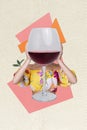 Composite vertical collage illustration advertisement of wine shop store promo girl hold huge glass cabernet on