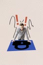 Composite vertical collage picture of minded pensive guy exclamation mark safety lock isolated on creative background Royalty Free Stock Photo
