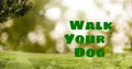 Composite of walk your dog text over green grassy field against lens flares in park