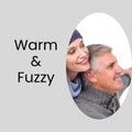 Composite of warm and fuzzy text over happy caucasian couple in winter scenery Royalty Free Stock Photo