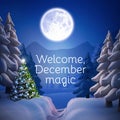 Composite of welcome december magic text over winter scenery
