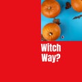 Composite of witch way text and halloween pumpkins on red background