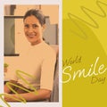 Composite of world smile day and biracial woman smiling over pattern on green background Royalty Free Stock Photo