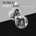 Composite of world smile day text and diverse people smiling over grey background