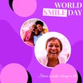 Composite of world smile day text and diverse people smiling over purple background