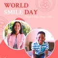 Composite of world smile day text and diverse woman and boy smiling over pink background