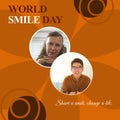 Composite of world smile day text and diverse woman and man smiling over brown background Royalty Free Stock Photo