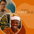 Composite of world smile day text and diverse woman and man smiling over brown background