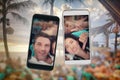 Composite of young beautiful and happy mixed ethnicity Asian and Caucasian couple and mobile phones in love and posting selfie pic Royalty Free Stock Photo