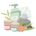 Spa set of natural cosmetics. Composition with accessories for home spa treatments. Creams, shampoo, massage stones