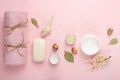 Composition and accessories spa, towel, cream, soap, bath salt rose petals Royalty Free Stock Photo