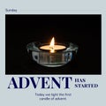 Composition of advent has started text with candle on blue background