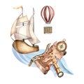 Composition of adventure items vintage style watercolor illustration isolated on white. Compass, spyglass, sailboat