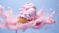 Composition, advertising freeze frame of pink ice cream in a cone with waves of cream around on a light blue background