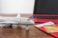 Composition with airplane model, passport and credit card