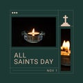 Composition of all saints day and nov 1 texts with candles over green background Royalty Free Stock Photo