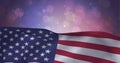 Composition of american flag billowing over defocussed bokeh pink lights in dusk sky Royalty Free Stock Photo