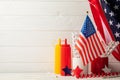 Composition american flag, bottles for sauce and color stars on wooden background