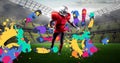 Composition of american football player over colourful handprints and sports stadium background