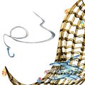 Composition of anchovies and fishnet watercolor illustration isolated on white. Royalty Free Stock Photo