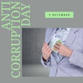 Composition of anti-corruption day text over caucasian businessman on grey background Royalty Free Stock Photo