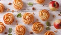 Composition with apple roses from puff pastry on wooden table Royalty Free Stock Photo