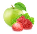 Composite image apple and strawberry isolated on a white background.
