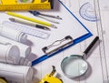 Composition of architect tools on blueprint Royalty Free Stock Photo