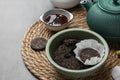 Composition with aromatic pu-erh tea on light grey table, closeup Royalty Free Stock Photo