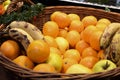 Composition with assorted fruits in wicker basket Royalty Free Stock Photo